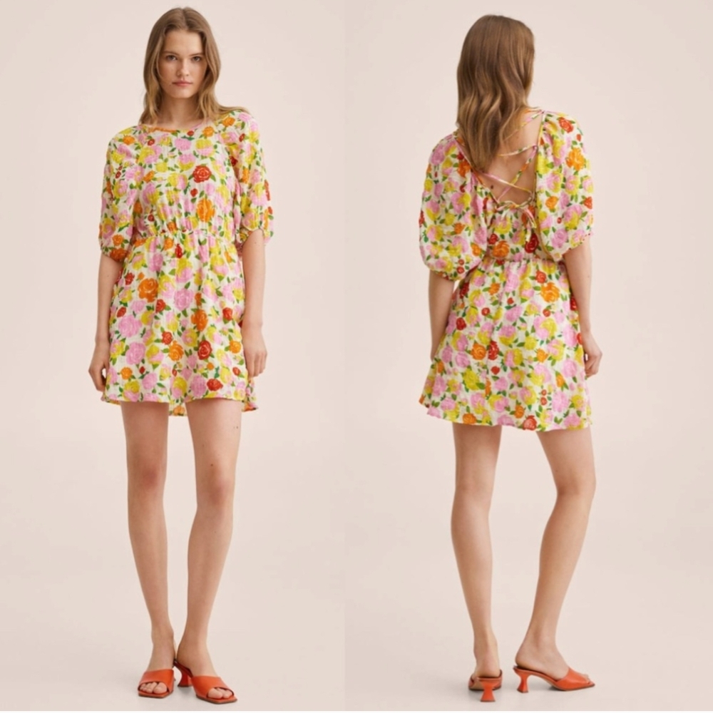 Mango Floral Short Puff Sleeve Mini Dress